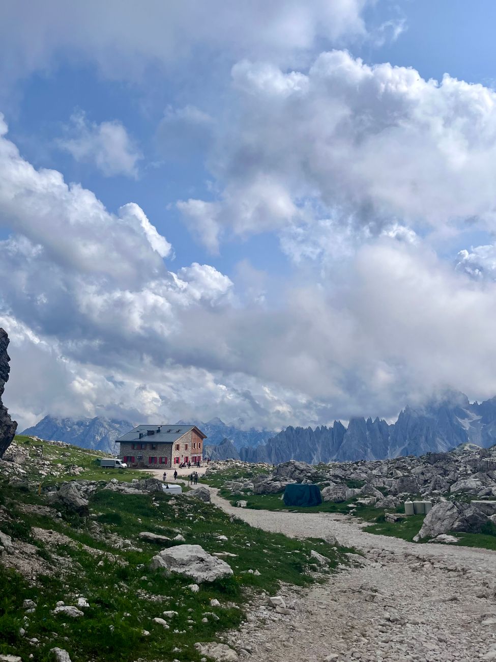 Alpine mountain hut at sunset